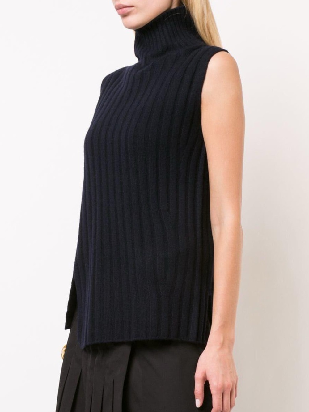 Vince Ribbed Sleeveless Turtleneck in Navy wool blend